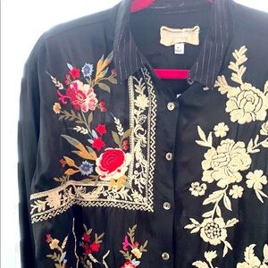 Johnny Was Black Embellished Long Sleeve Blouse